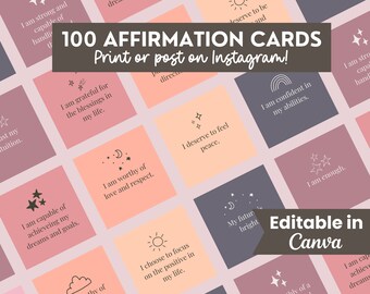 Daily Affirmation Cards Pack, Editable Positive Affirmation Quotes, Self Care Instagram Posts, Digital Manifestation Cards, Self Love Cards