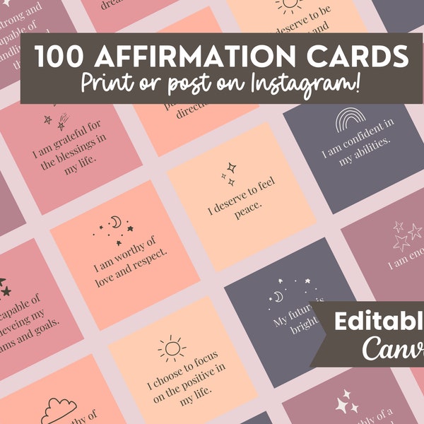 Daily Affirmation Cards Pack, Editable Positive Affirmation Quotes, Self Care Instagram Posts, Digital Manifestation Cards, Self Love Cards