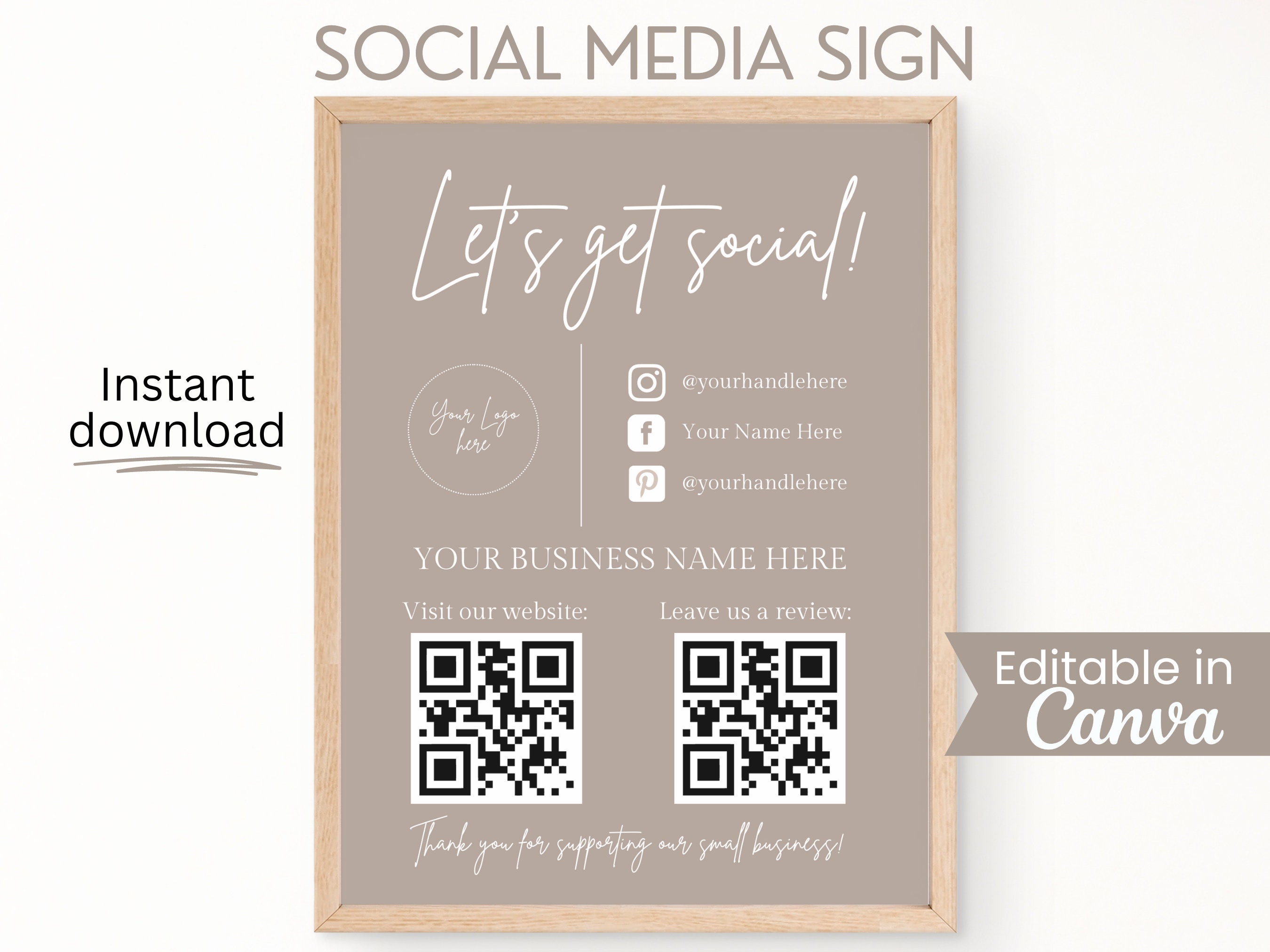 Let Get Social Sign, Social Media Sign Template, QR Code Sign, Editable ...