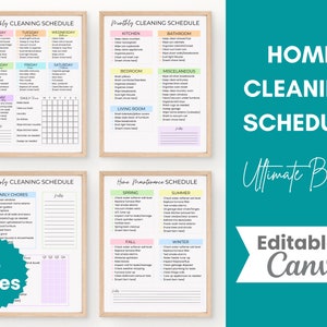 May include: A printable home cleaning schedule bundle with four pages. The pages are color-coded and include a weekly cleaning schedule, a monthly cleaning schedule, a yearly cleaning schedule, and a home maintenance schedule. The text "Home Cleaning Schedule Ultimate Bundle Editable in Canva" is displayed on the image.