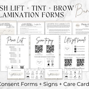 Modèles modifiables de plastification des cils et des sourcils, formulaires d'esthéticienne imprimables, formulaire d'admission et de consentement des cils, panneaux Canva pour salon de beauté