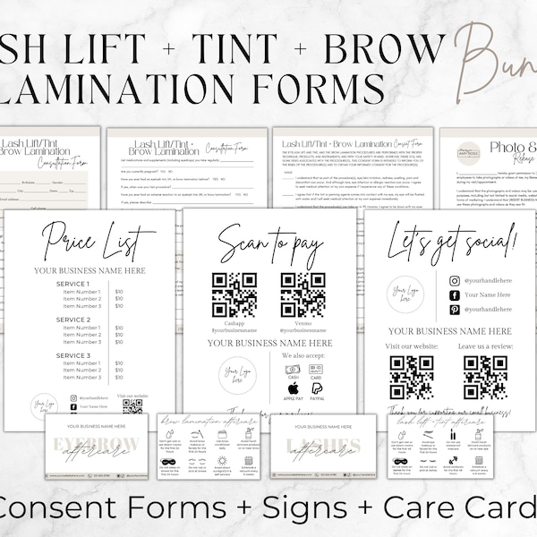 Editable Lash Lift and Brow Lamination Templates, Printable Esthetician Forms, Lash Intake and Consent Form, Beauty Salon Canva Signs