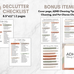 Pu&ograve; includere: Una lista di controllo per il decluttering con il testo "4 Declutter Checklist 8.5"x11" | 2 pages". L'immagine include anche elementi bonus come consigli per la pulizia e una lista di controllo delle faccende domestiche per animali domestici. Le liste di controllo sono progettate per aiutare a organizzare diverse aree della casa.