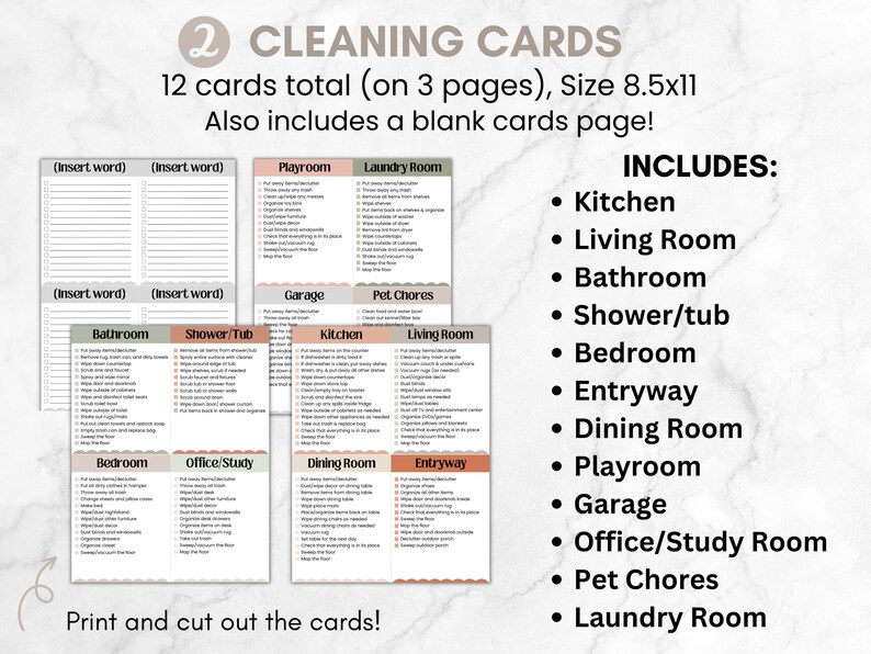 Pu&ograve; includere: Set di schede di pulizia con liste di controllo per varie stanze, tra cui cucina, bagno e camera da letto. Le schede misurano 21,6 x 27,9 cm e includono una pagina di schede vuote. Il testo sulle schede recita "Stampa e ritaglia le schede!"