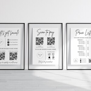 Business Sign Template Bundle, QR Code Sign, Social Media Sign, Lets get social, Leave a Review Sign, Scan to Pay Sign, Price List Template