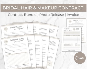 Pode incluir: Um conjunto de documentos imprimíveis para um pacote de contrato de cabelo e maquiagem de noiva. Os documentos incluem um acordo de serviço para maquiagem de noiva, um acordo de serviço para penteado de noiva, um formulário de liberação de foto e vídeo e uma fatura. Os documentos são bege com texto preto.