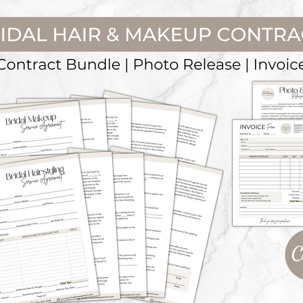 Bridal Hair and Makeup Contract Bundle, Editable Wedding Contract Forms Template, Bridal Hairstylist and Makeup Artist, Service Agreement