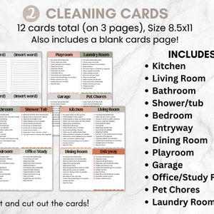May include: A set of 12 printable cleaning cards, organized by room, with a list of cleaning tasks for each room. The cards are printed on three pages, with a blank page for additional tasks. The cards are 8.5 inches by 11 inches.