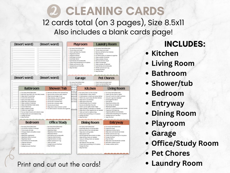 May include: A set of 12 printable cleaning cards, organized by room, with a list of cleaning tasks for each room. The cards are printed on three pages, with a blank page for additional tasks. The cards are 8.5 inches by 11 inches.