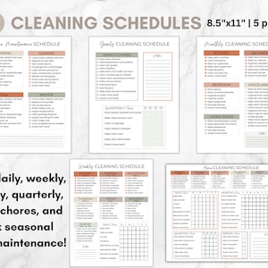 May include: A set of five printable cleaning schedules in a minimalist style with brown and green accents. The schedules include daily, weekly, monthly, quarterly, and yearly cleaning tasks, as well as a home maintenance schedule for spring, summer, fall, and winter.