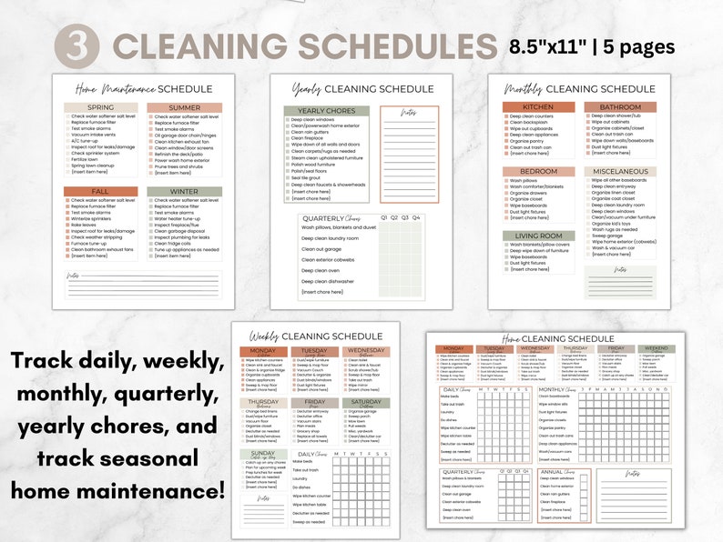 May include: A set of five printable cleaning schedules in a minimalist style with brown and green accents. The schedules include daily, weekly, monthly, quarterly, and yearly cleaning tasks, as well as a home maintenance schedule for spring, summer, fall, and winter.