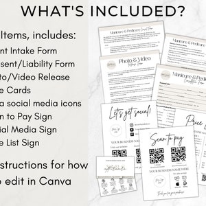 May include: A digital download of printable templates for a nail salon business. The templates include a client intake form, consent and liability form, photo and video release, care cards, social media icons, a scan to pay sign, a social media sign, a price list sign, and instructions for editing in Canva.