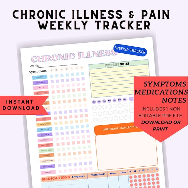 Weekly Chronic Illness & Pain Tracker, Chronic Illness, Pain Tracker, Chronic Pain Journal, Chronic Pain Awareness, Digital Download, PDF