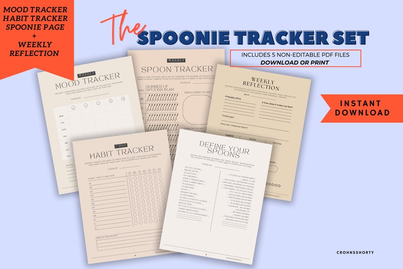 May include: A set of five printable PDF trackers for managing energy levels and habits. The set includes a mood tracker, spoon tracker, habit tracker, weekly reflection, and define your spoons page. The pages are beige with black text and graphics.