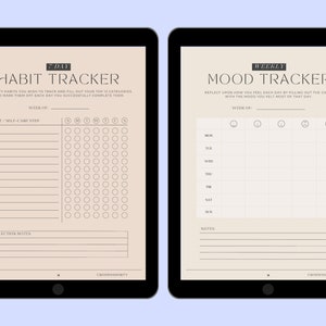 May include: A printable digital planner with two pages, one for habit tracking and one for mood tracking. The habit tracker page has a list of 12 habits with a grid of 28 days to track progress. The mood tracker page has a grid of 7 days with 5 different mood icons to choose from.