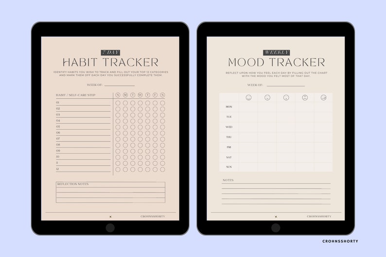 May include: A printable digital planner with two pages, one for habit tracking and one for mood tracking. The habit tracker page has a list of 12 habits with a grid of 28 days to track progress. The mood tracker page has a grid of 7 days with 5 different mood icons to choose from.