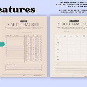 May include: Two printable pages for tracking habits and moods. The first page is a habit tracker with a grid for marking off daily habits. The second page is a mood tracker with a grid for recording daily moods using emojis.