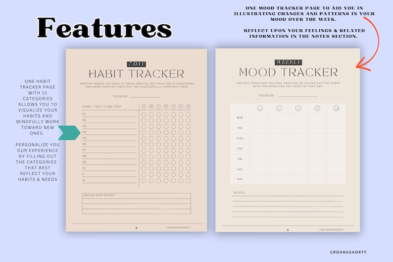 May include: Two printable pages for tracking habits and moods. The first page is a habit tracker with a grid for marking off daily habits. The second page is a mood tracker with a grid for recording daily moods using emojis.