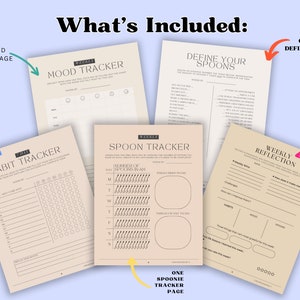 May include: A printable set of pages for tracking mood, habits, and spoons. The pages are beige with black text and include titles like "Mood Tracker", "Habit Tracker", "Spoon Tracker", "Define Your Spoons", and "Weekly Reflection".