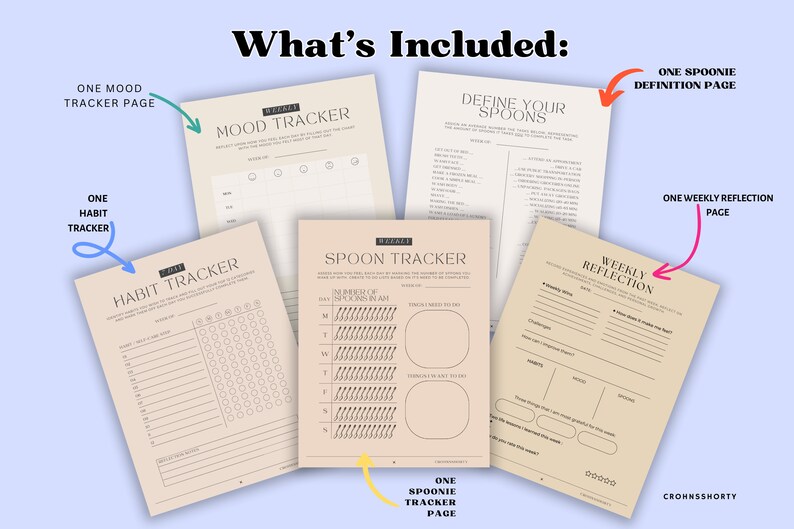 May include: A printable set of pages for tracking mood, habits, and spoons. The pages are beige with black text and include titles like "Mood Tracker", "Habit Tracker", "Spoon Tracker", "Define Your Spoons", and "Weekly Reflection".