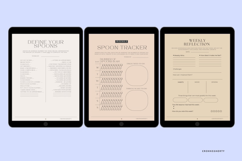 May include: Three digital planner pages with a beige background. The first page is titled "Define Your Spoons" and has a list of activities with a corresponding number of spoons needed to complete each activity. The second page is titled "Spoon Tracker" and has a chart to track the number of spoons used each day of the week. The third page is titled "Weekly Reflection" and has sections to track weekly wins, challenges, mood, and spoons.