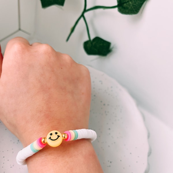 Preppy white and rainbow smiley bracelet