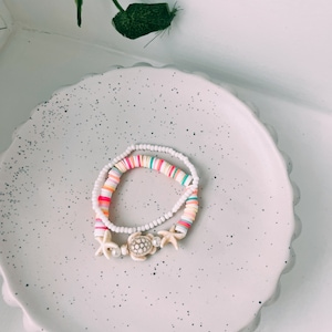 Preppy turtle heishi clay bead bracelet stack