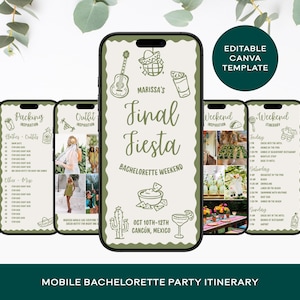 May include: A mobile phone displaying a bachelorette party itinerary. The central phone screen reads "Final Fiesta" with illustrations of a guitar, sombrero, and margarita. The itinerary includes details for a weekend in Cancún, Mexico.