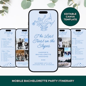 Könnte beinhalten: Ein Handy-Bildschirm, der einen Reiseplan für eine Junggesellinnenabschiedsparty für ein Wochenende in Jackson Hole, Wyoming, zeigt. Der Reiseplan umfasst eine Packliste, Outfit-Inspiration, ein Wochenendprogramm und Airbnb-Details. Das Thema der Reise ist "The Last Toast on the Slopes".