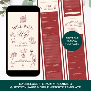 May include: A mobile website template for bachelorette party planning featuring a cream background with dark red line art illustrations of a disco ball, hand, ring box, flowers, and drinks. The text reads Wild Wild Wife Jamie's Bachelorette.