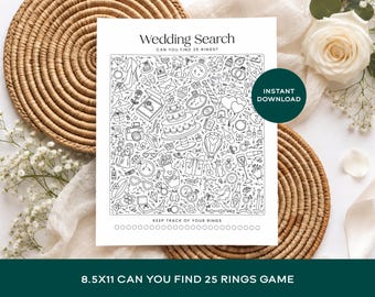 Könnte beinhalten: Ein weißes Blatt Papier mit einem schwarz-weißen Strichzeichnungsspiel mit dem Titel Wedding Search, Can You Find 25 Rings? Das Spiel enthält verschiedene Illustrationen zum Thema Hochzeit, einen dunkelgrünen Kreis mit dem Text Instant Download.