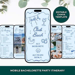 Puede incluir: Un gráfico de teléfono móvil azul claro presenta un itinerario de despedida de soltera. El teléfono central muestra "Club Bach" con un cisne, un anillo y un gráfico de concha. Otros teléfonos muestran contactos, listas de embalaje, inspiración de atuendos y detalles del fin de semana.