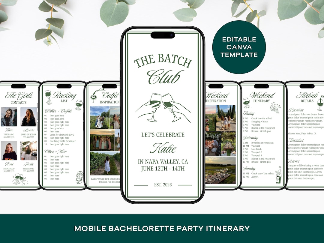 The Bach Club Bachelorette Itinerary Template Wine, Vineyard Weekend