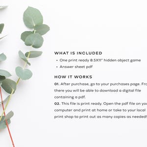 May include: A white background with text detailing a printable hidden object game. The text includes "WHAT IS INCLUDED" and "HOW IT WORKS". Eucalyptus branches with green leaves are in the upper left corner.