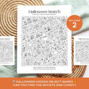 May include: A black and white printable Halloween search activity sheet featuring a grid of various spooky illustrations, including ghosts, pumpkins, and sweets. The text reads Halloween Search, Can you find fifteen ghosts?, and Keep track of your ghosts.