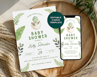 May include: A baby shower invitation and a smartphone displaying the same design. The invitation features a watercolor illustration of a baby dinosaur hatching from an egg, with text that reads "Baby Shower". The invitation is decorated with green foliage.