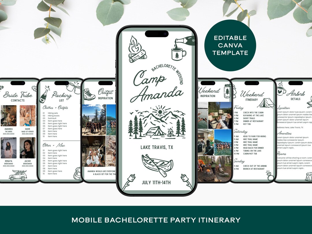 Camp Bach Bachelorette Party Itinerary Template Camping Theme (canva