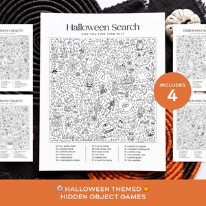 May include: A set of four white paper sheets featuring black and white Halloween search games. Each page contains a grid filled with various holiday-themed illustrations and a list of items to find, titled Halloween Search Can You Find Them All?