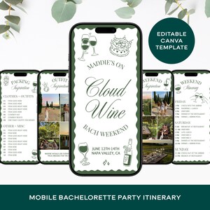 Może przedstawiać: Ekran telefonu komórkowego wyświetla plan wieczoru panieńskiego zatytułowany "Maddie's on Cloud Wine". Projekt jest w kolorze zielono-białym, z ilustracjami kieliszków do wina i ciasta. Plan zawiera szczegóły weekendu w Napa Valley.