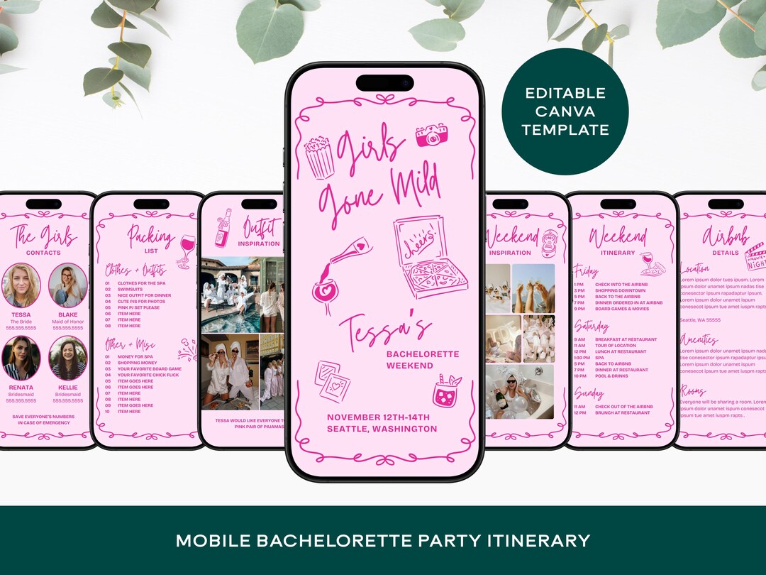 Bachelorette Party Itinerary Template: Pink Girls Gone Mild Planner ...