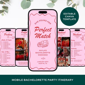 Bachelorette Party Itinerary Template: Mobile Weekend Planner, Perfect Match (Canva Template)