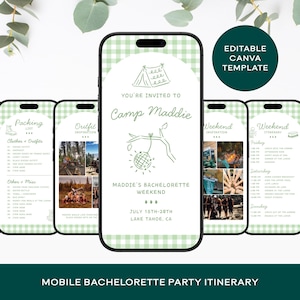 May include: A mobile phone screen displays a bachelorette party itinerary. The design features a green gingham pattern and a central graphic with a tent and a disco ball. The text reads "Camp Maddie" and "Mobile Bachelorette Party Itinerary."