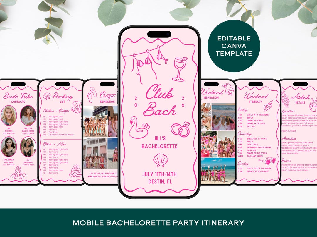 Bachelorette Party Itinerary Template: Beach Weekend Planner, Pink ...