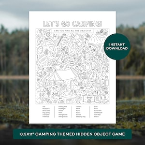 Może przedstawiać: Czarno-biały arkusz aktywności do druku zatytułowany LET'S GO CAMPING! zawierający grę w ukryte obiekty z różnymi ilustracjami o tematyce kempingowej, takimi jak namiot, plecak i ognisko, oraz listę przedmiotów do znalezienia na dole.