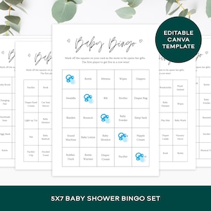 May include: A set of 5x7 baby shower bingo cards. Each card features a grid with baby-related words and phrases, such as "bottle" and "diapers." The words are arranged in a grid format, with a blue cloud graphic. The words "Baby Bingo" is written at the top.