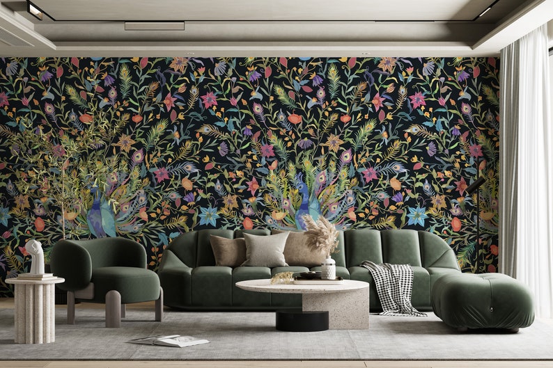 Chinoiserie Peacock Black Wallpaper Mural Modern Wallpaper Etsy
