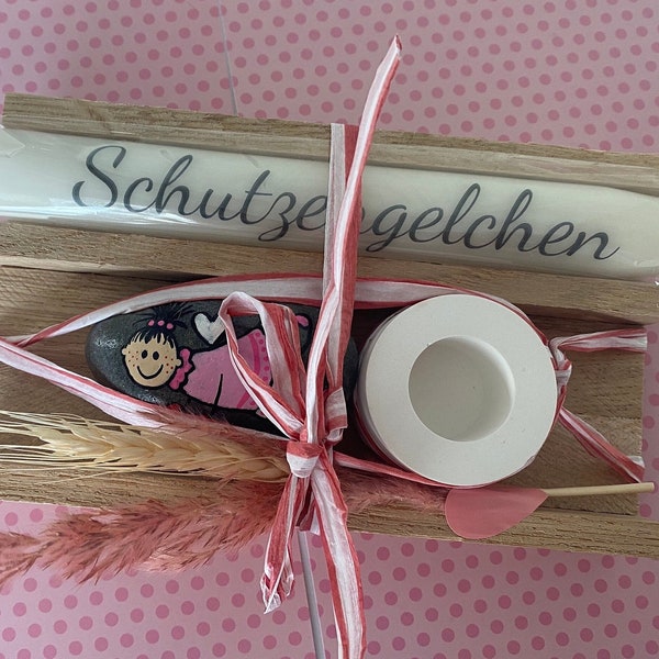 Schutzengel Geschenk-Set, handgemalter Stein, Glücksbringer, Kerzenhalter, Kerze, Mitbringsel, raysin, Kerze mit Schriftzug, Kleinigkeit