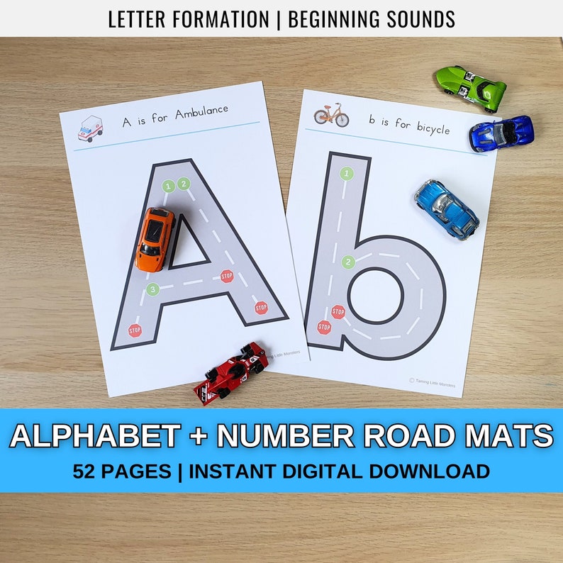 Alphabet road mats printable for kids, with toy cars around the edges.