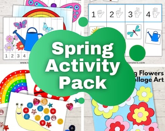 Pode incluir: Um círculo verde com o texto "Spring Activity Pack" em branco. O círculo está sobre uma colagem de imagens de atividades de primavera para crianças, incluindo um arco-íris, uma joaninha, um caracol, uma flor, uma borboleta, um regador, uma libélula e uma casa de pássaros. Também é visível o texto "Spring Number Sequence Puzzles", "Spring Syllable Counting", "Spring: Fine Motor Mats", e "Spring Flowers Collage Art".