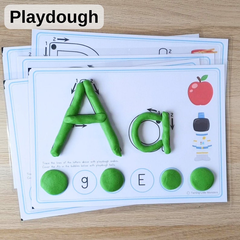 Letter A, alphabet playdough mat. With green playdough completing the different sections.